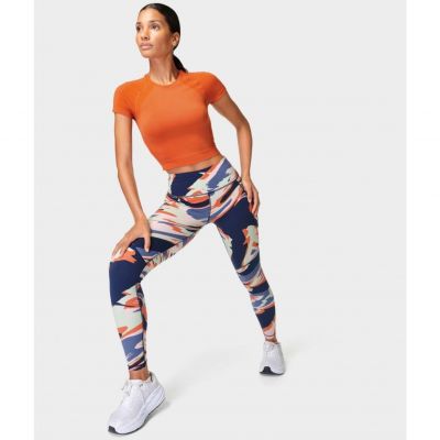 Womens Sweaty Betty Power Workout Leggings Blue Liquid Storm Print Size 8